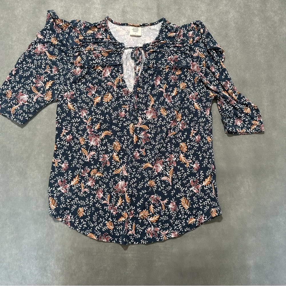 Good Hart Matilda Jane Floral Boho Peasant Blouse Navy Modal 3/4 Sleeve Size S